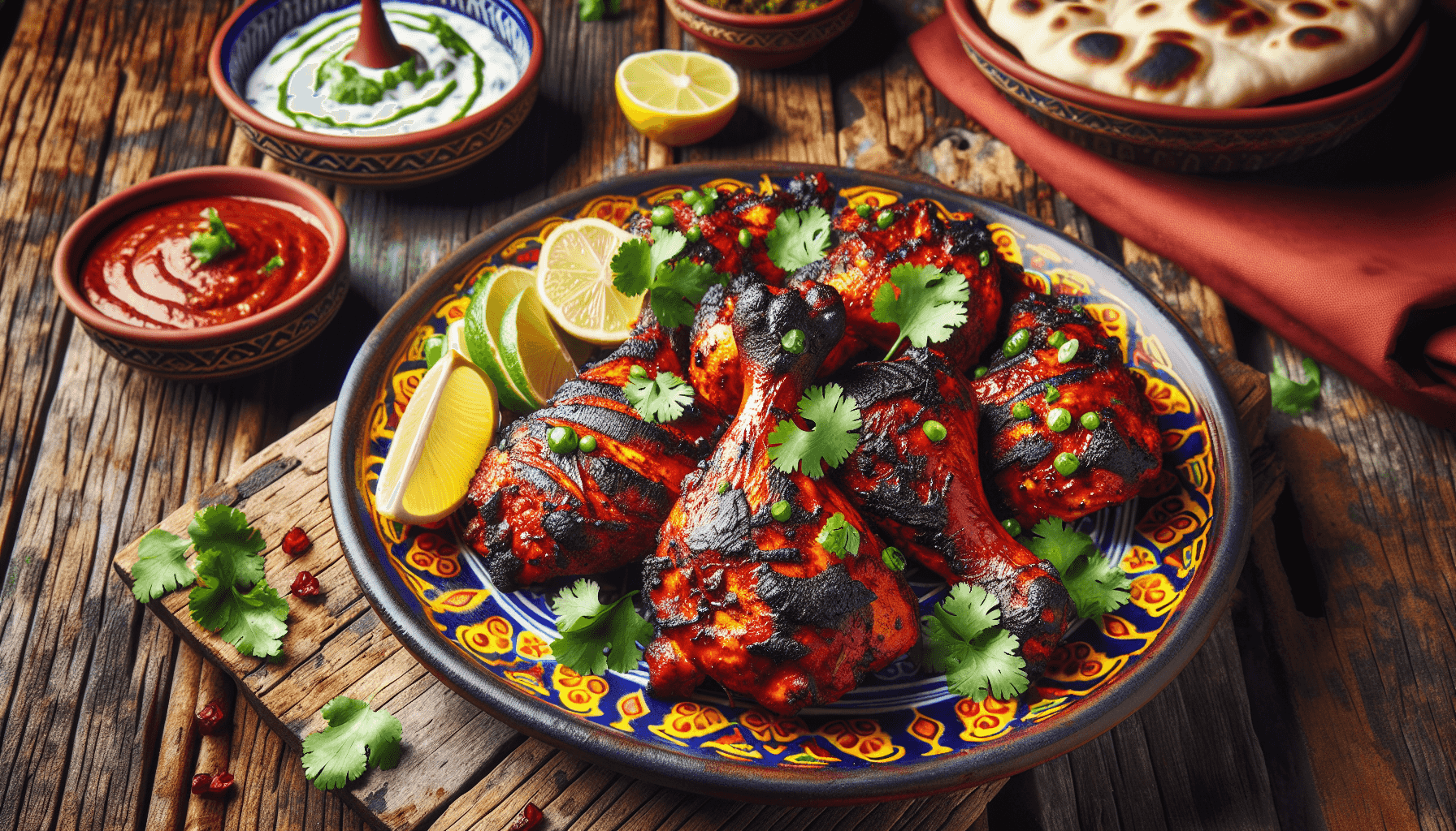 Plate of tandoori chicken with garnishes